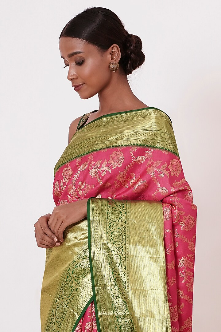 Fuchsia & Olive Green Embroidered Handwoven Wedding Saree Set by Aharin India at Pernia's Pop Up Shop