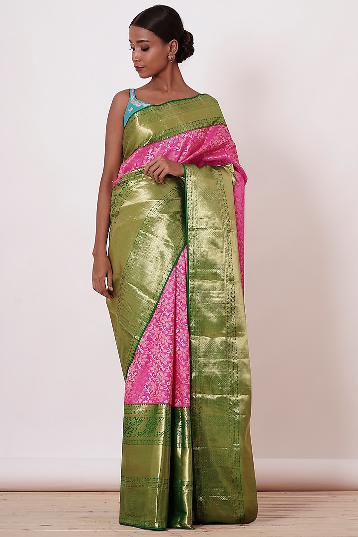 Bright Pink & Olive Green Embroidered Handwoven Saree Set by Aharin India