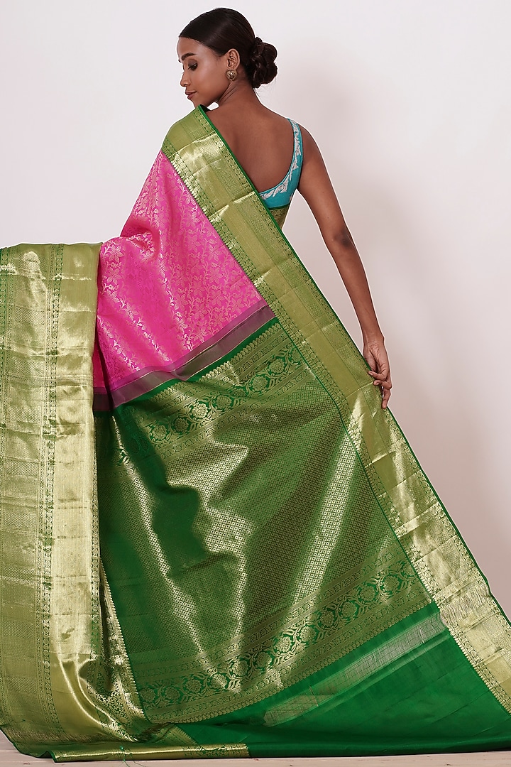 Bright Pink & Olive Green Embroidered Handwoven Wedding Saree Set by Aharin India at Pernia's Pop Up Shop