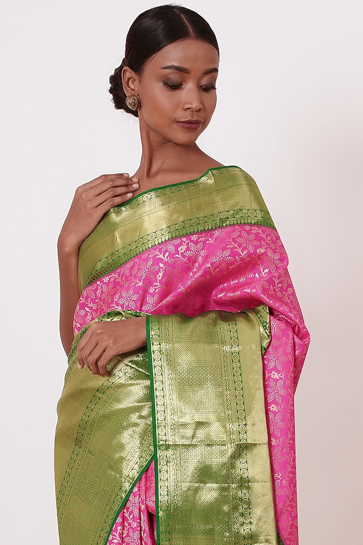 Bright Pink & Olive Green Embroidered Handwoven Wedding Saree Set by Aharin India at Pernia's Pop Up Shop
