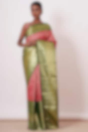 Olive Green & Coral Pink Pure Dharmavaram Silk Floral Motifs Embroidered Handwoven Saree Set by Aharin India at Pernia's Pop Up Shop