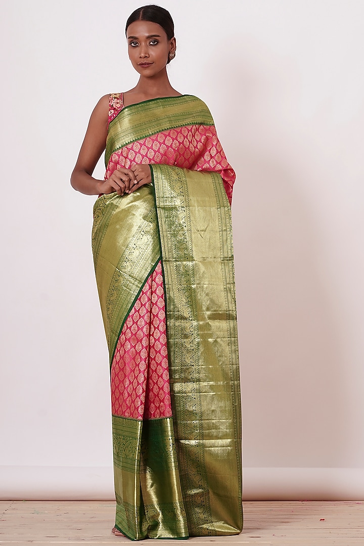 Olive Green & Coral Pink Pure Dharmavaram Silk Floral Motifs Embroidered Handwoven Saree Set by Aharin India at Pernia's Pop Up Shop