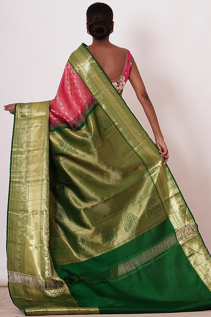 Olive Green & Coral Pink Pure Dharmavaram Silk Floral Motifs Embroidered Handwoven Wedding Saree Set by Aharin India at Pernia's Pop Up Shop