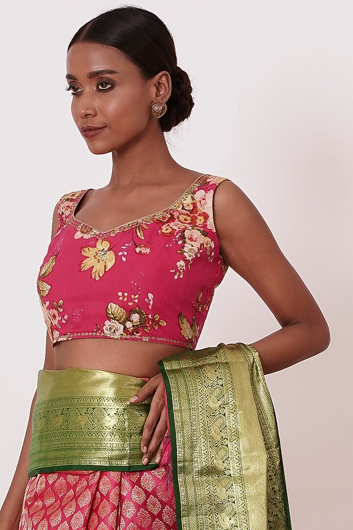 Olive Green & Coral Pink Pure Dharmavaram Silk Floral Motifs Embroidered Handwoven Wedding Saree Set by Aharin India at Pernia's Pop Up Shop
