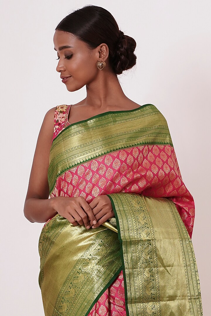 Olive Green & Coral Pink Pure Dharmavaram Silk Floral Motifs Embroidered Handwoven Wedding Saree Set by Aharin India at Pernia's Pop Up Shop