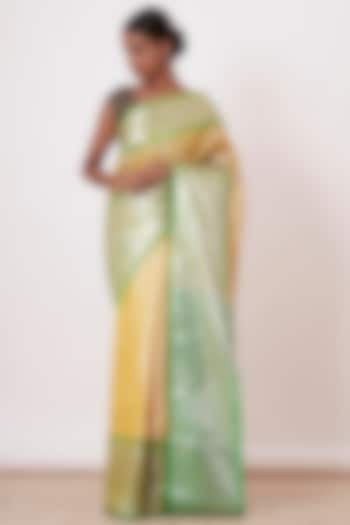Pastel Yellow Embroidered Handwoven Wedding Saree Set by Aharin India at Pernia's Pop Up Shop