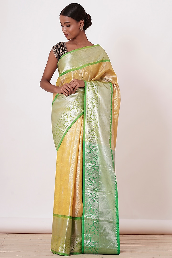 Pastel Yellow Embroidered Handwoven Wedding Saree Set by Aharin India at Pernia's Pop Up Shop