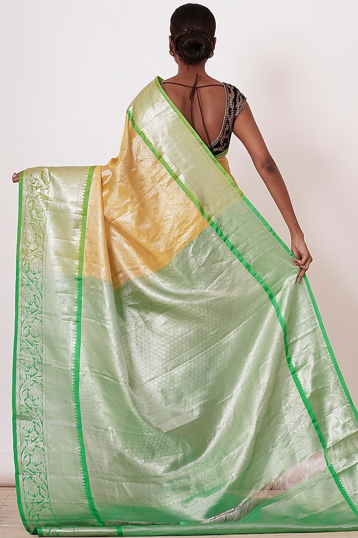 Pastel Yellow Embroidered Handwoven Wedding Saree Set by Aharin India at Pernia's Pop Up Shop