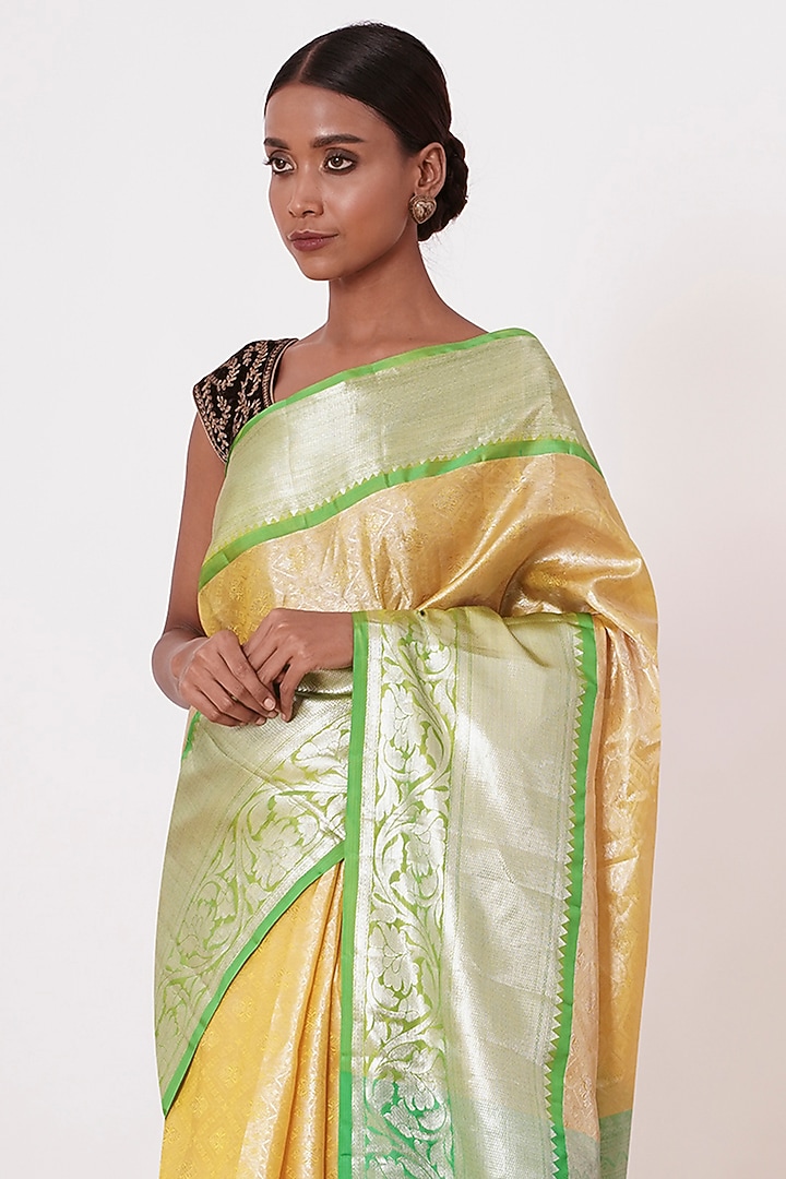 Pastel Yellow Embroidered Handwoven Wedding Saree Set by Aharin India at Pernia's Pop Up Shop