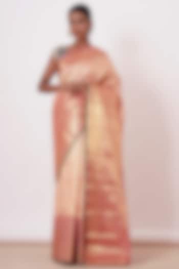 Gold & Peach Embroidered Handwoven Wedding Saree Set by Aharin India at Pernia's Pop Up Shop