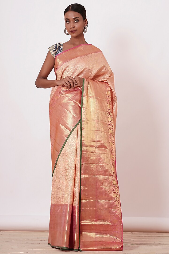 Gold & Peach Embroidered Handwoven Wedding Saree Set by Aharin India at Pernia's Pop Up Shop