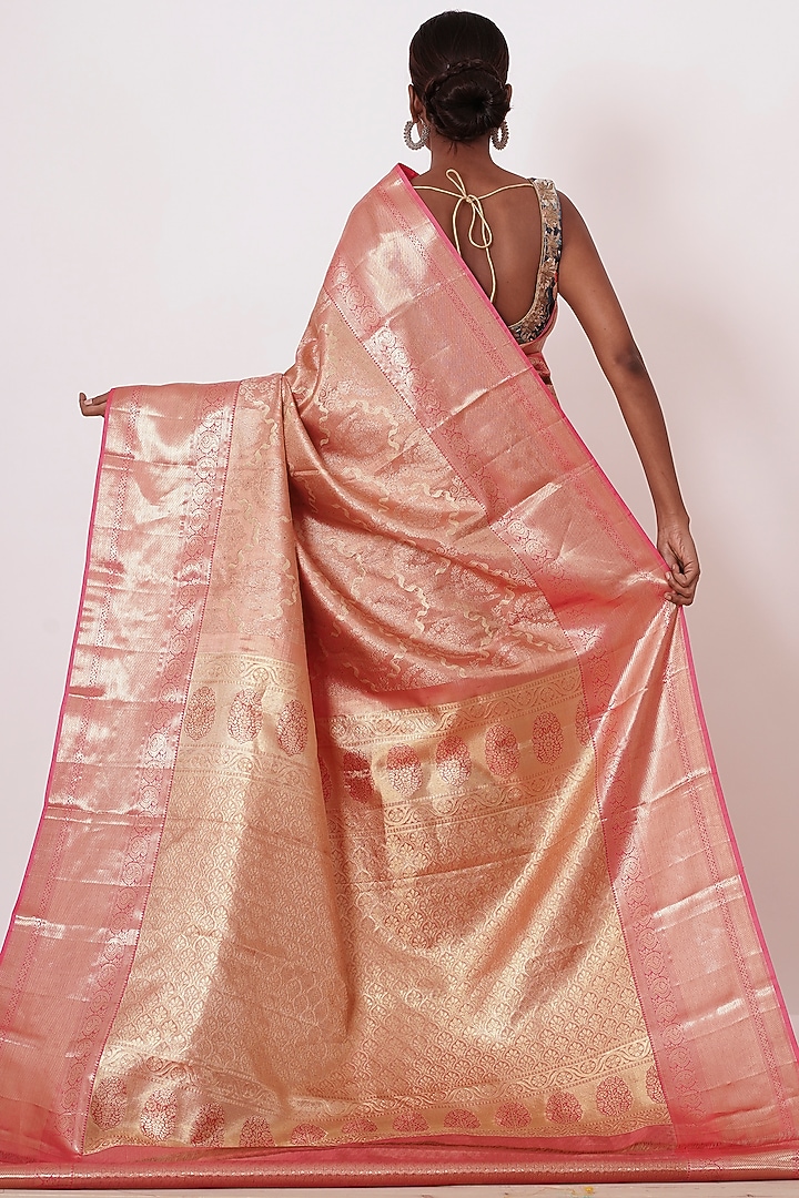 Gold & Peach Embroidered Handwoven Wedding Saree Set by Aharin India at Pernia's Pop Up Shop