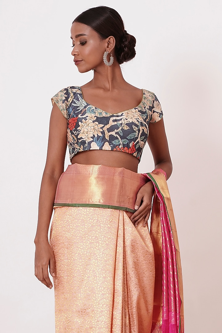 Gold & Peach Embroidered Handwoven Wedding Saree Set by Aharin India at Pernia's Pop Up Shop