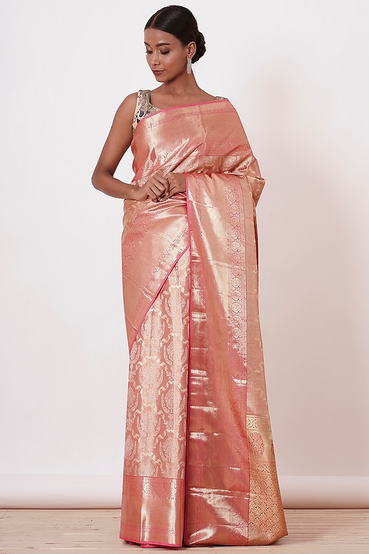 Coral Pure Dharmavaram Silk Zari Embroidered Handwoven Saree Set by Aharin India at Pernia's Pop Up Shop