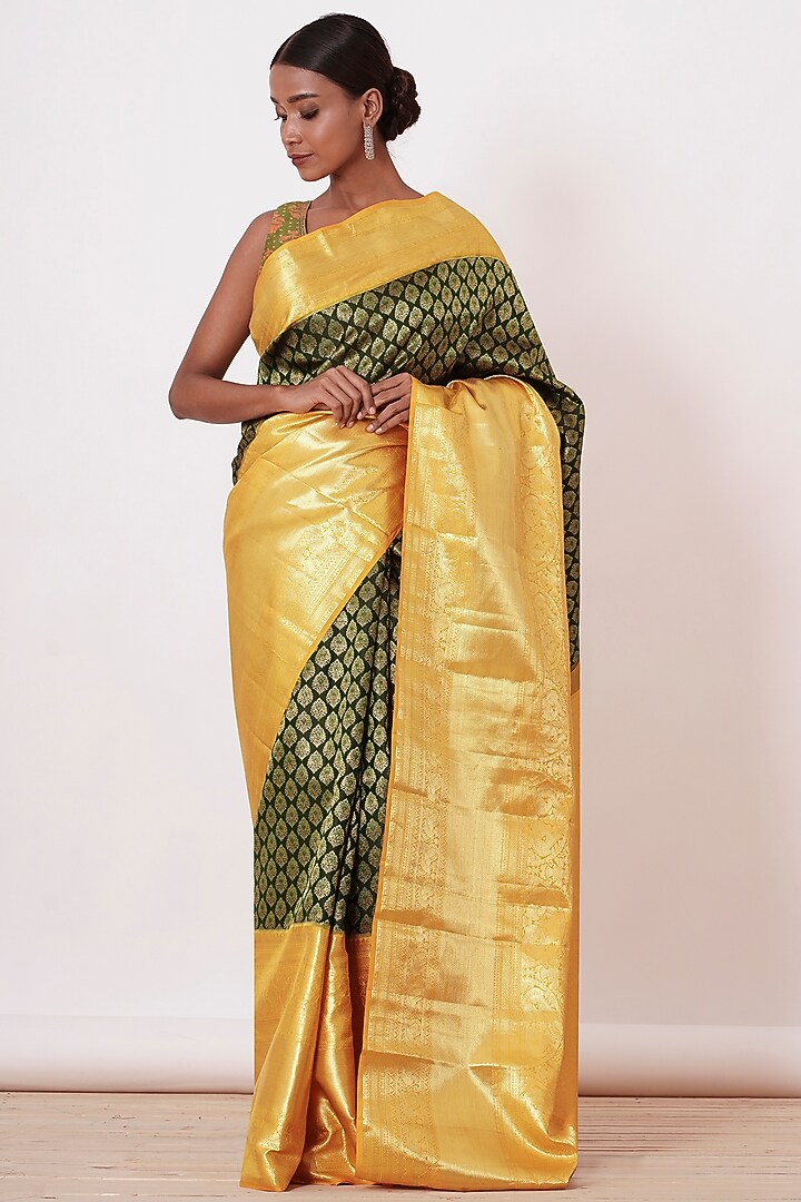 Dark Green Silk Embroidered Handwoven Wedding Saree Set by Aharin India at Pernia's Pop Up Shop