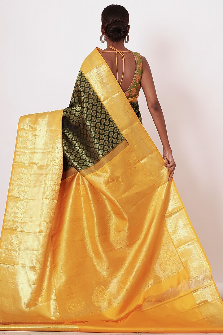 Dark Green Silk Embroidered Handwoven Wedding Saree Set by Aharin India at Pernia's Pop Up Shop