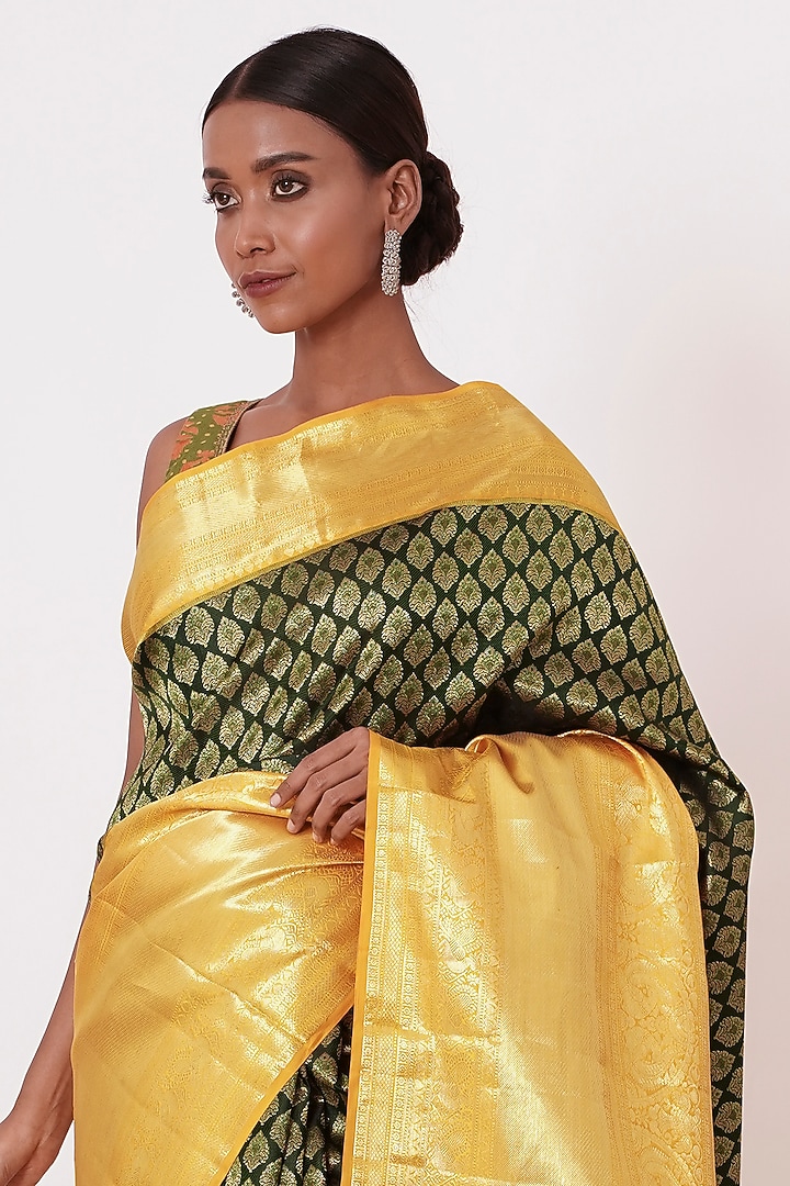 Dark Green Silk Embroidered Handwoven Wedding Saree Set by Aharin India at Pernia's Pop Up Shop