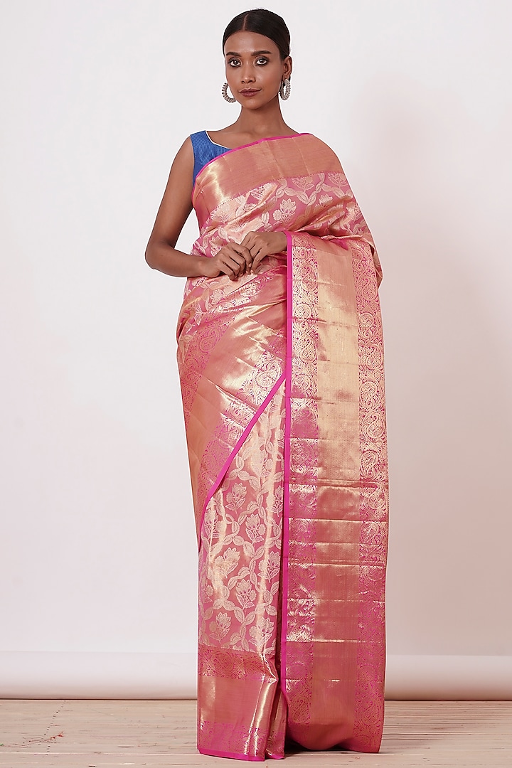 Onion Pink Silk Zari Embroidered Handwoven Saree Set by Aharin India