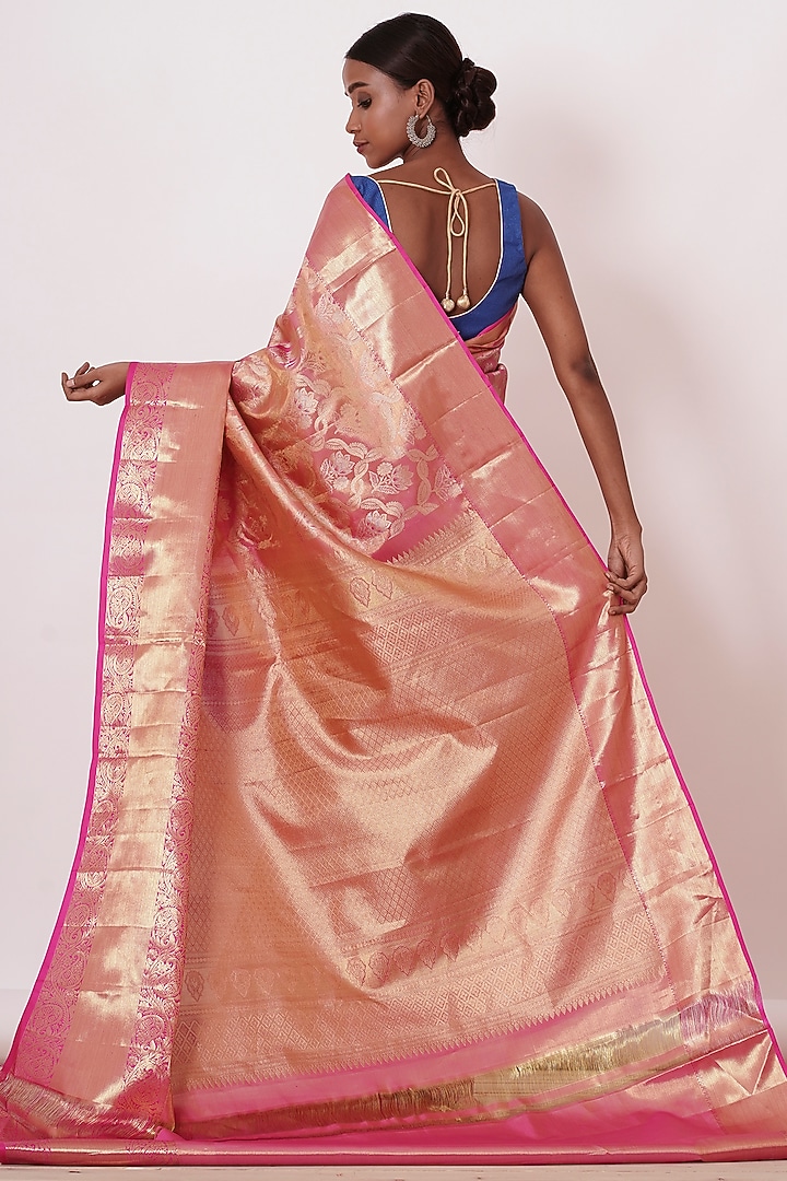 Onion Pink Silk Zari Embroidered Handwoven Wedding Saree Set by Aharin India at Pernia's Pop Up Shop