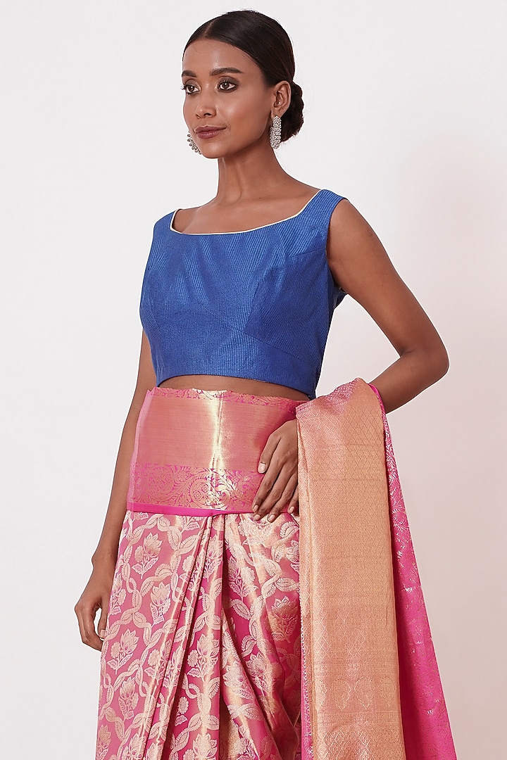 Onion Pink Silk Zari Embroidered Handwoven Wedding Saree Set by Aharin India at Pernia's Pop Up Shop