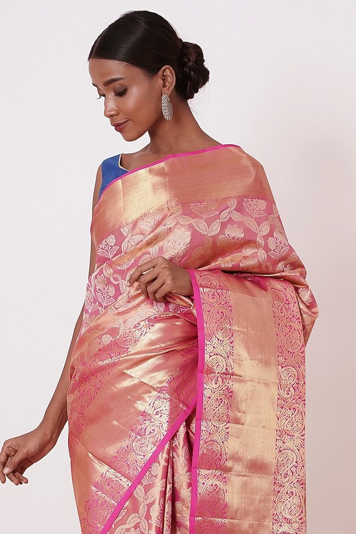 Onion Pink Silk Zari Embroidered Handwoven Wedding Saree Set by Aharin India at Pernia's Pop Up Shop