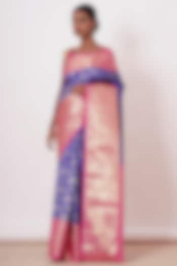 Bright Blue Pure Dharmavaram Silk Embroidered Handwoven Wedding Saree Set by Aharin India at Pernia's Pop Up Shop