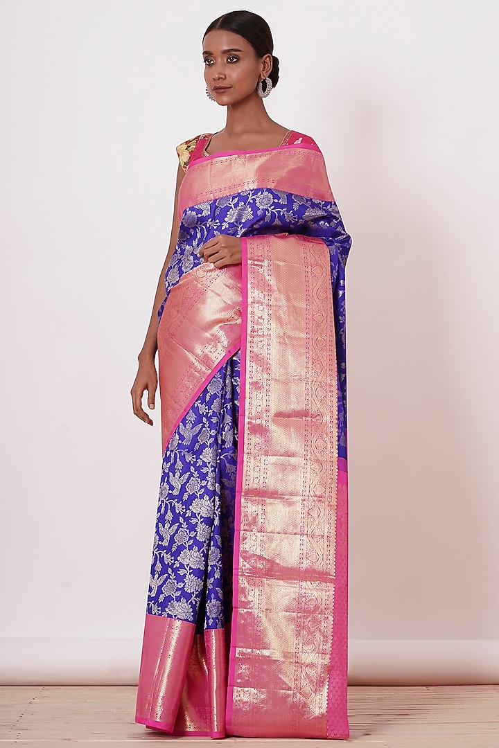 Bright Blue Pure Dharmavaram Silk Embroidered Handwoven Wedding Saree Set by Aharin India at Pernia's Pop Up Shop