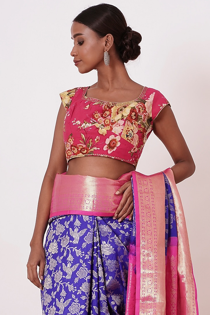 Bright Blue Pure Dharmavaram Silk Embroidered Handwoven Wedding Saree Set by Aharin India at Pernia's Pop Up Shop
