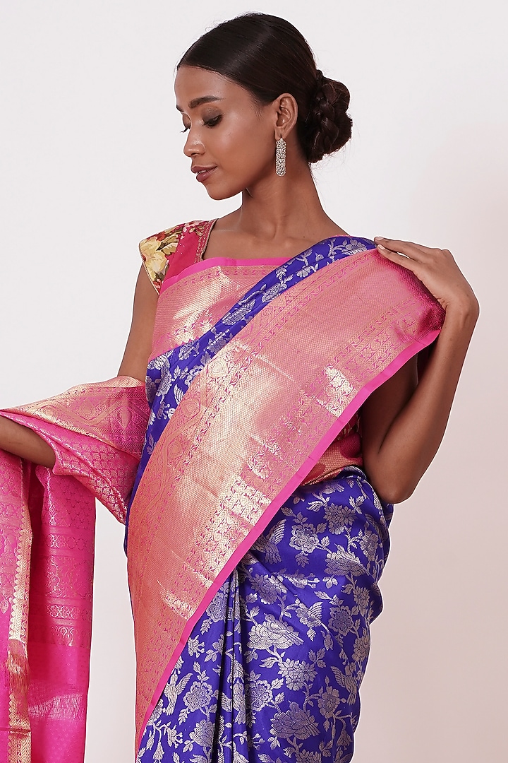 Bright Blue Pure Dharmavaram Silk Embroidered Handwoven Wedding Saree Set by Aharin India at Pernia's Pop Up Shop