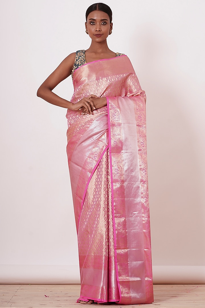 Onion Pink Silk Zari & Motifs Embroidered Handwoven Wedding Saree Set by Aharin India at Pernia's Pop Up Shop