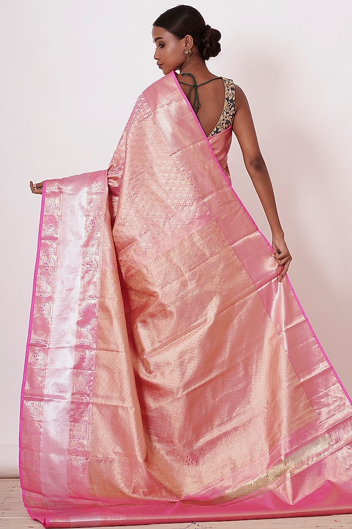 Onion Pink Silk Zari & Motifs Embroidered Handwoven Wedding Saree Set by Aharin India at Pernia's Pop Up Shop