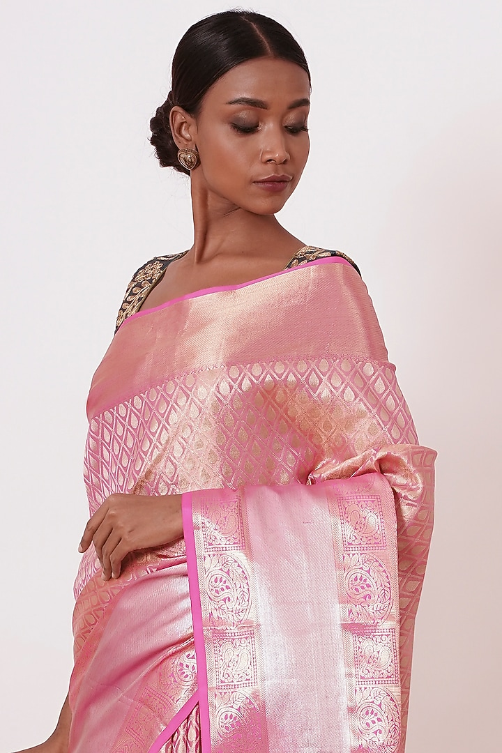 Onion Pink Silk Zari & Motifs Embroidered Handwoven Wedding Saree Set by Aharin India at Pernia's Pop Up Shop