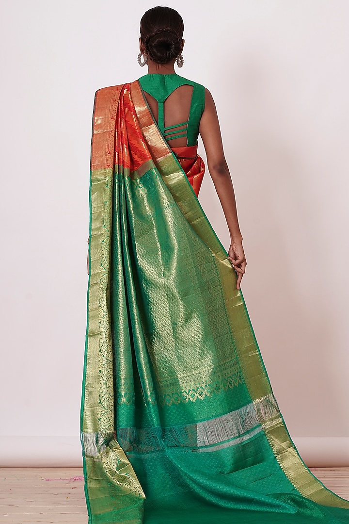 Bright Red Silk Embroidered Handwoven Wedding Saree Set by Aharin India at Pernia's Pop Up Shop