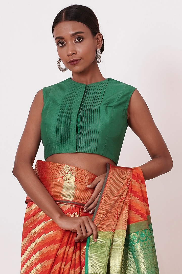 Bright Red Silk Embroidered Handwoven Wedding Saree Set by Aharin India at Pernia's Pop Up Shop