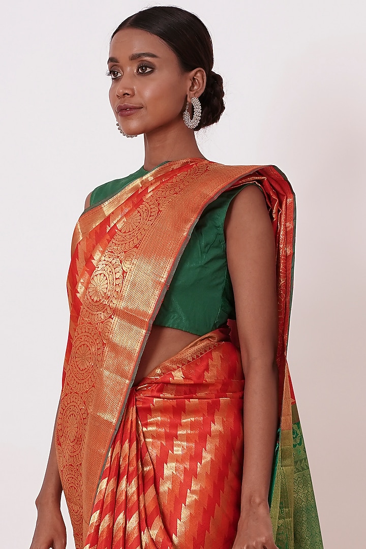 Bright Red Silk Embroidered Handwoven Wedding Saree Set by Aharin India at Pernia's Pop Up Shop
