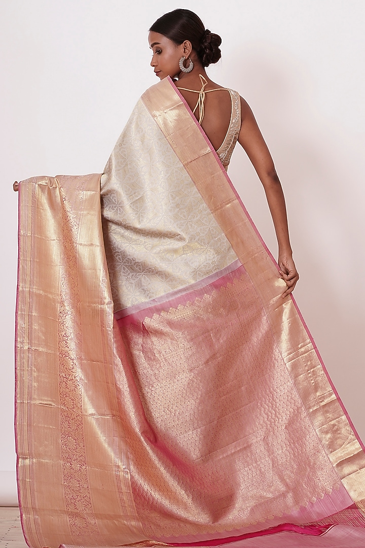 Ivory Silk Zari Embroidered Handwoven Wedding Saree Set by Aharin India at Pernia's Pop Up Shop