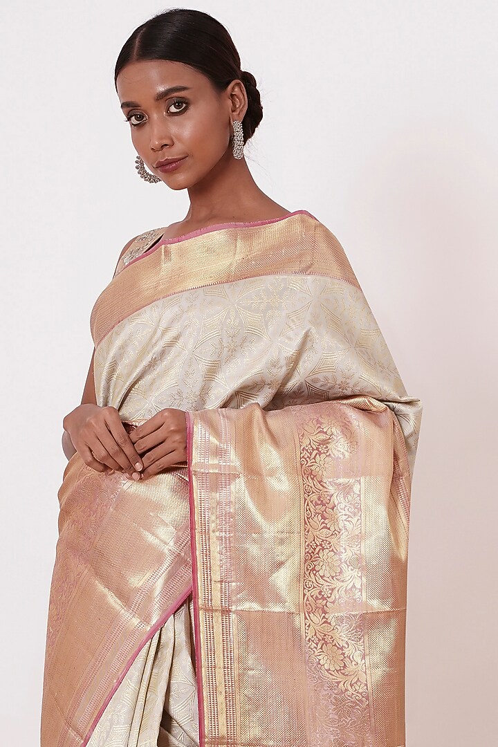 Ivory Silk Zari Embroidered Handwoven Wedding Saree Set by Aharin India at Pernia's Pop Up Shop