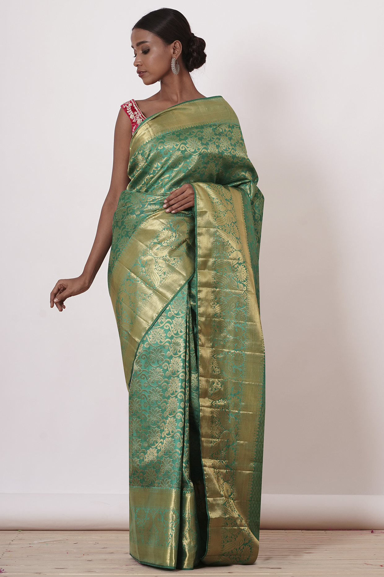 Peacock Green Embroidered Handwoven Saree Set by Aharin India