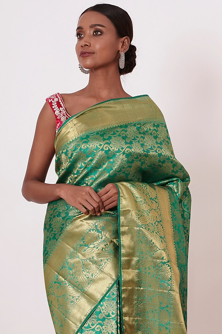 Peacock Green Silk Zari Embroidered Handwoven Wedding Saree Set by Aharin India at Pernia's Pop Up Shop