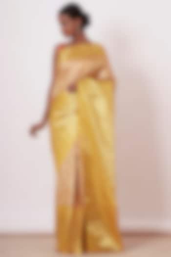 Dandelion Yellow Silk Embroidered Handwoven Wedding Saree Set by Aharin India at Pernia's Pop Up Shop