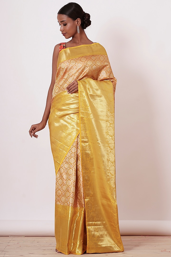 Dandelion Yellow Silk Embroidered Handwoven Wedding Saree Set by Aharin India at Pernia's Pop Up Shop