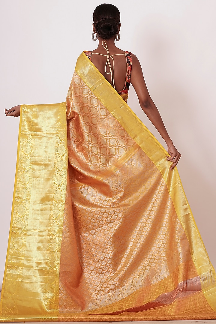 Dandelion Yellow Silk Embroidered Handwoven Wedding Saree Set by Aharin India at Pernia's Pop Up Shop