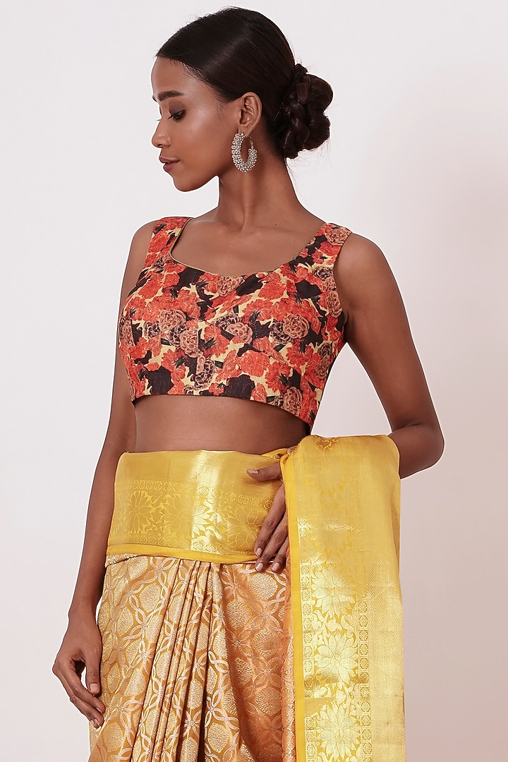 Dandelion Yellow Silk Embroidered Handwoven Wedding Saree Set by Aharin India at Pernia's Pop Up Shop
