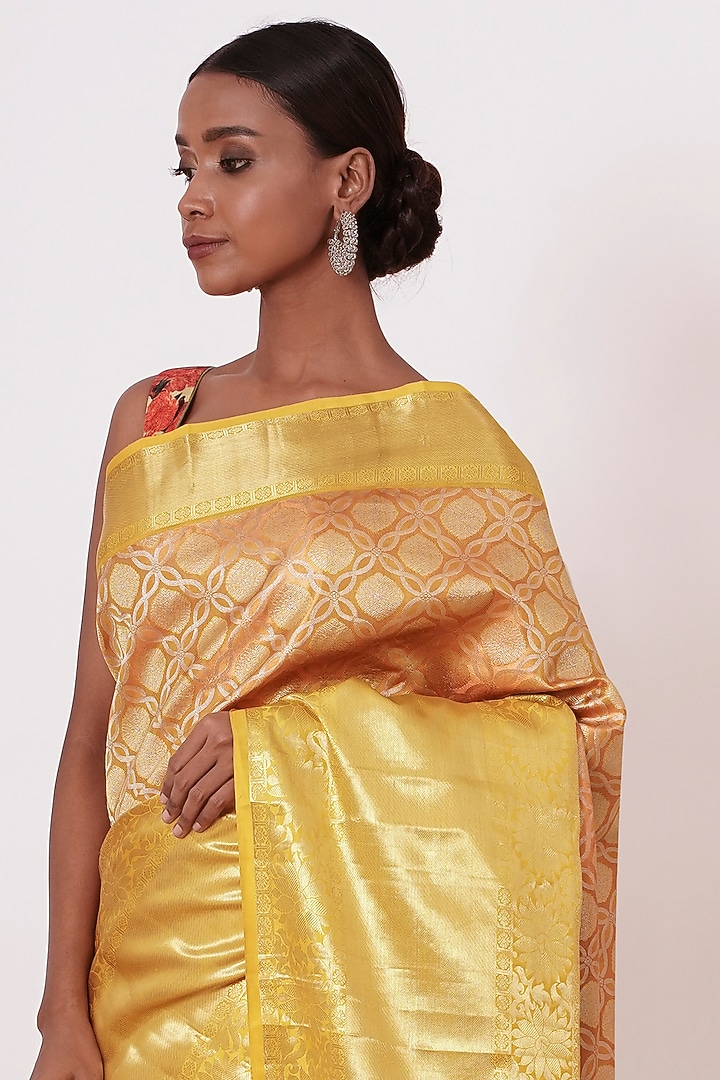 Dandelion Yellow Silk Embroidered Handwoven Wedding Saree Set by Aharin India at Pernia's Pop Up Shop