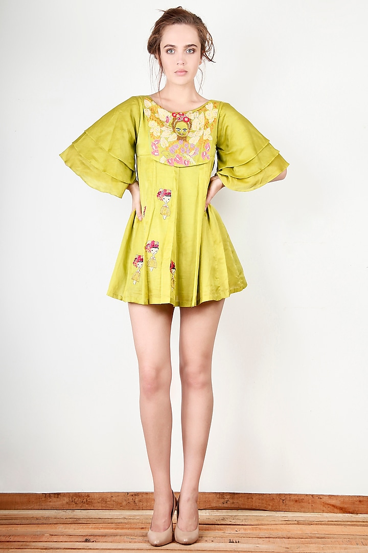 Lime Green Embroidered Tunic Dress by Aharin India