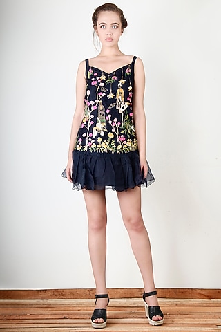 Navy Blue Ruffled Embroidered Dress by Aharin India