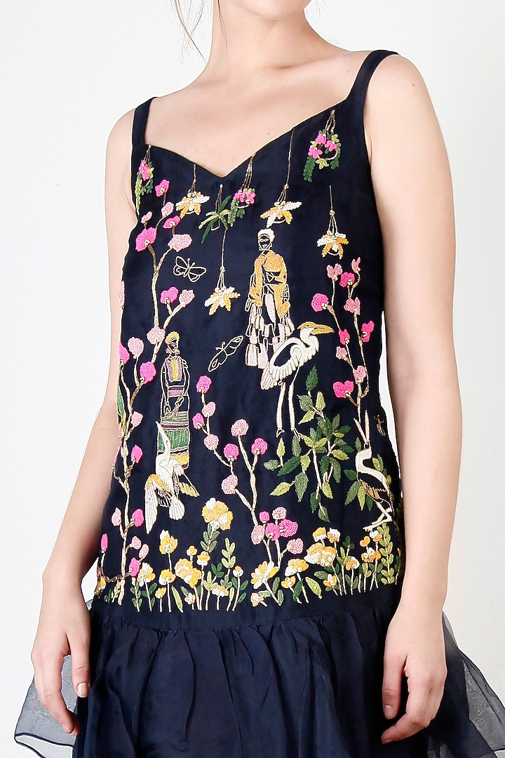 Navy Blue Ruffled Embroidered Dress by Aharin India at Pernia's Pop Up Shop