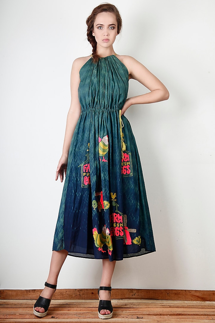 Green Cotton Silk Motif Embroidered Tie-Dyed Dress by Aharin India at Pernia's Pop Up Shop