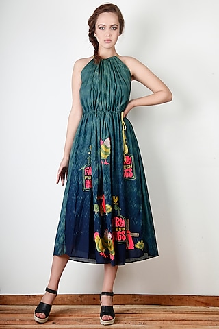 Green Cotton Silk Motif Embroidered Tie-Dyed Dress by Aharin India