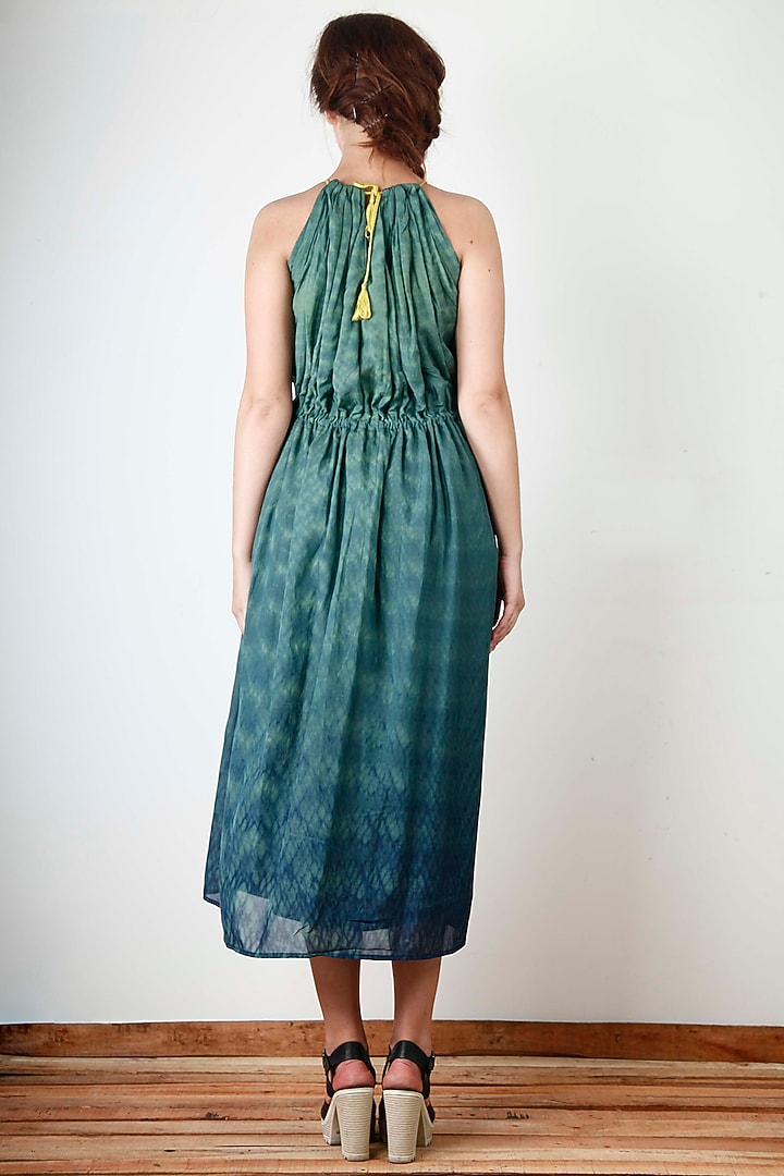 Green Cotton Silk Motif Embroidered Tie-Dyed Vacation Dress by Aharin India at Pernia's Pop Up Shop